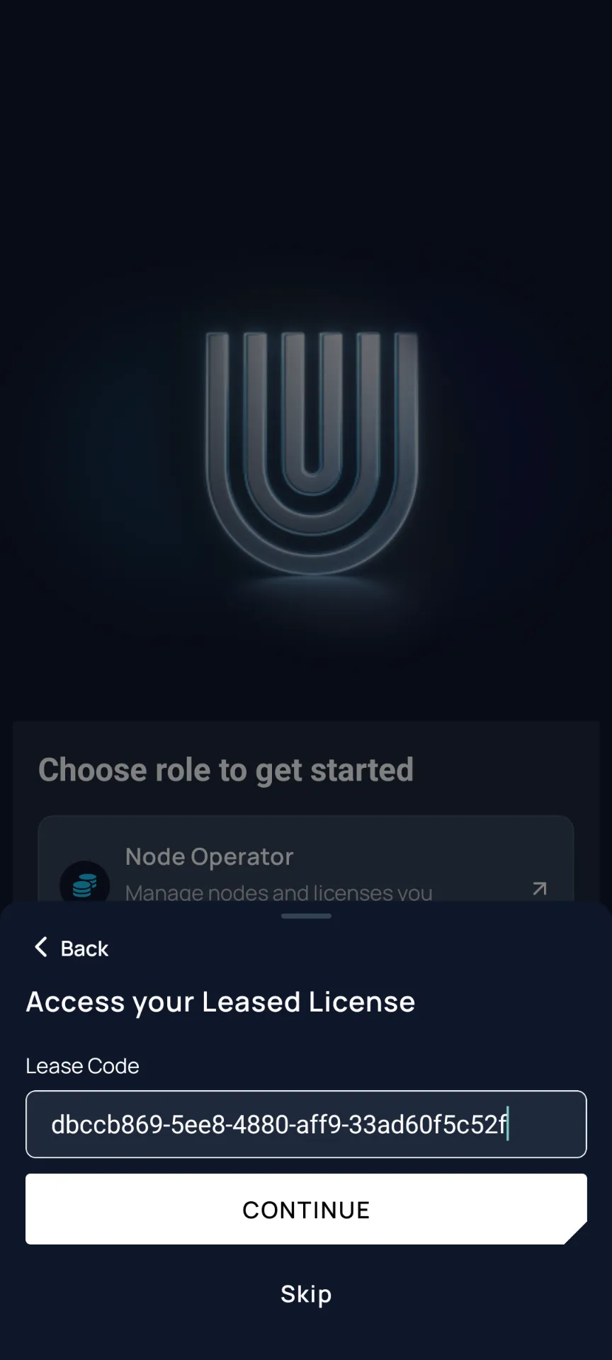 Lease Code Entered - Tap CONTINUE