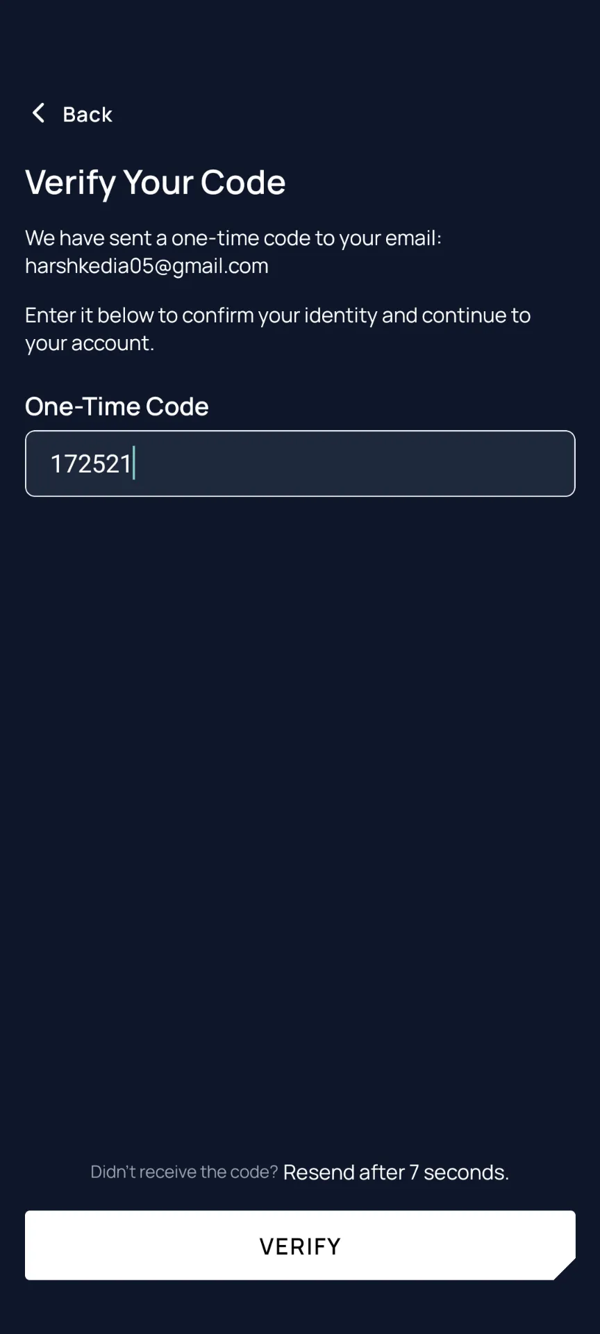 Verify Your Code — Code entered, tap VERIFY