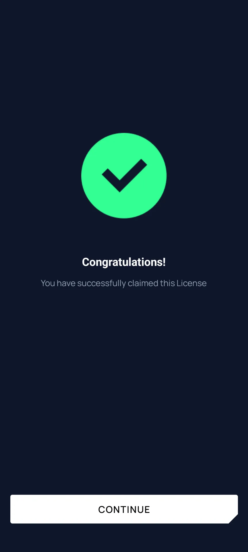 Congratulations — License successfully claimed