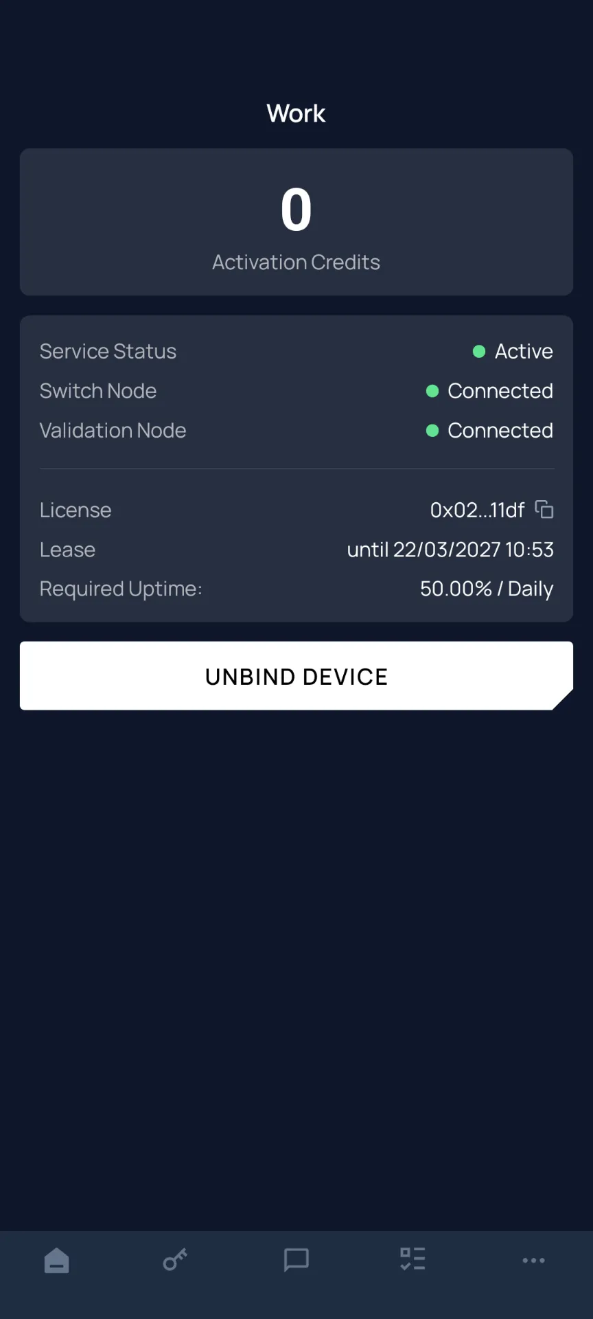 Work Screen — Service Status & License Info